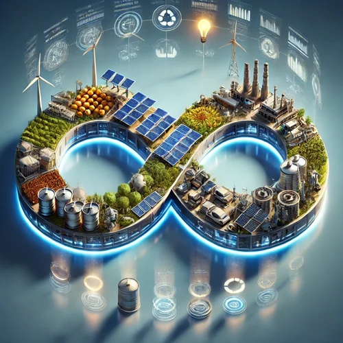 Infinity graphic showing renewable energy, circular economy, food, and telemetry.